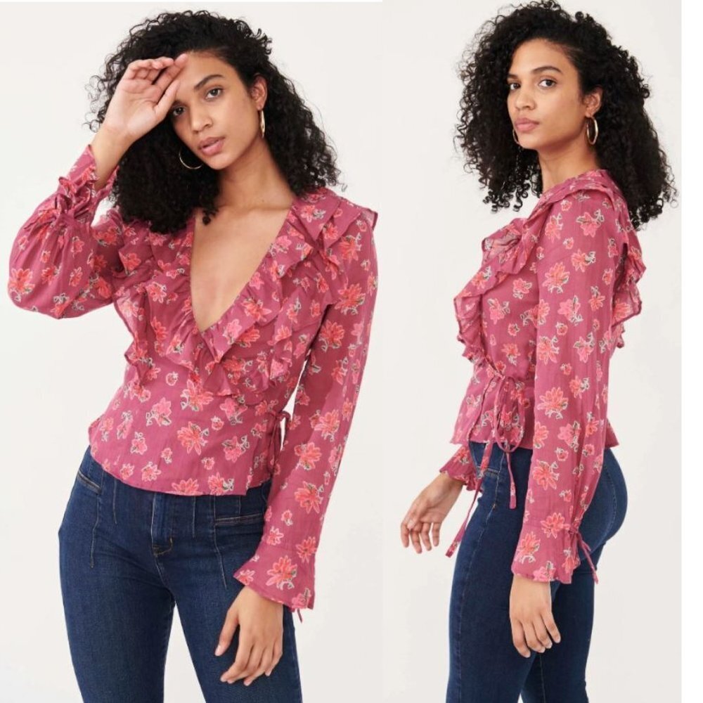 NWT New $108 Free People Amanda Ruffle Long Sleeve Wine Wrap Blouse Size M